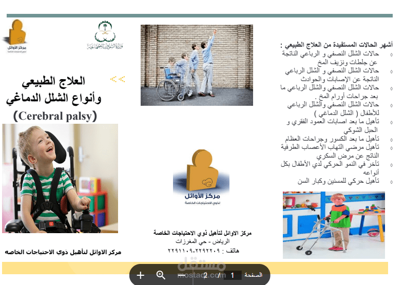 بروشور عن الشلل الدماغي لمركز لذوي الاجتياجات الخاصة