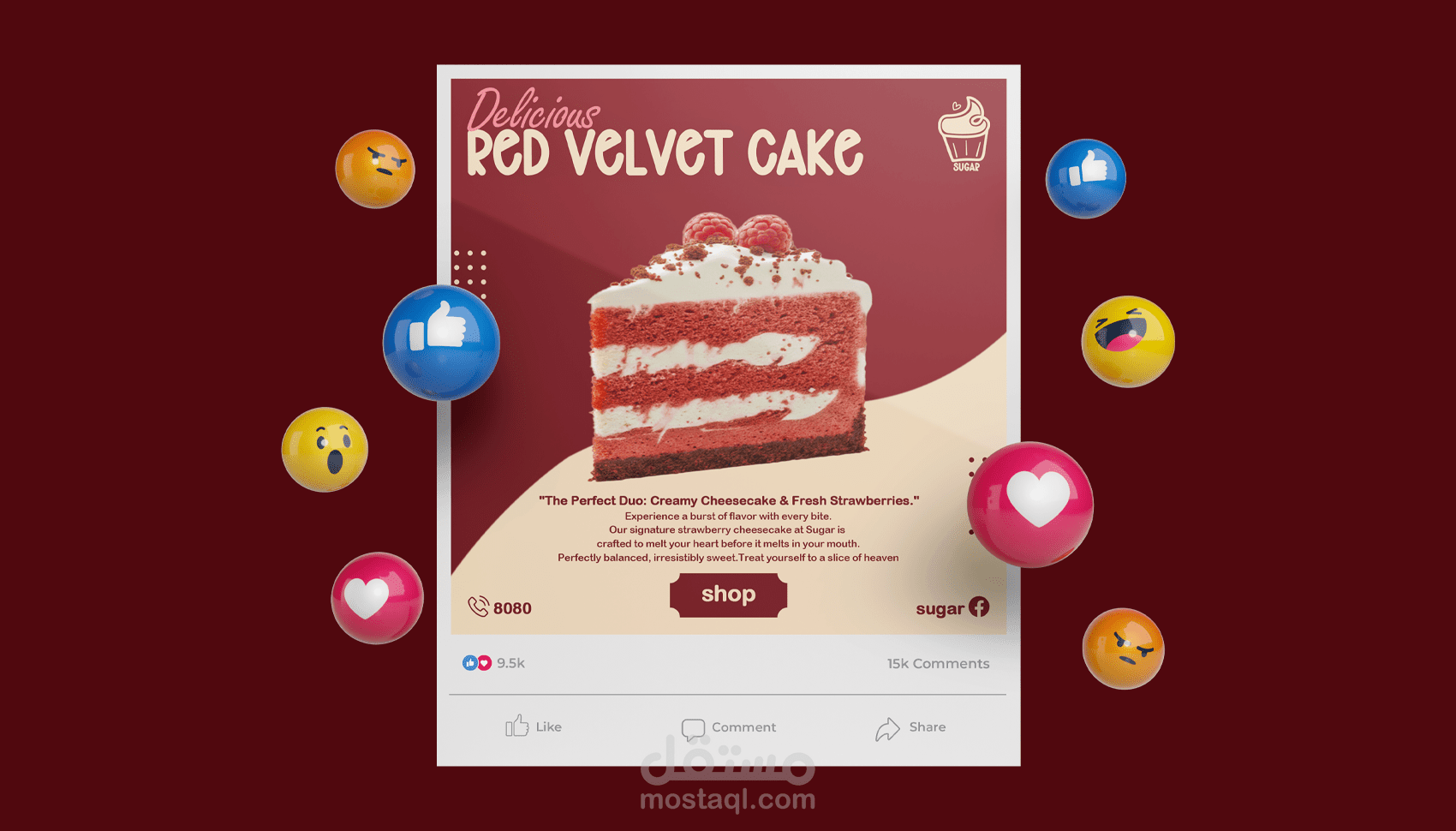 تصميم بوستر إعلاني احترافي لمحل الحلويات Sugar للترويج لمنتج ريد فلفيت كيك وصف العمل