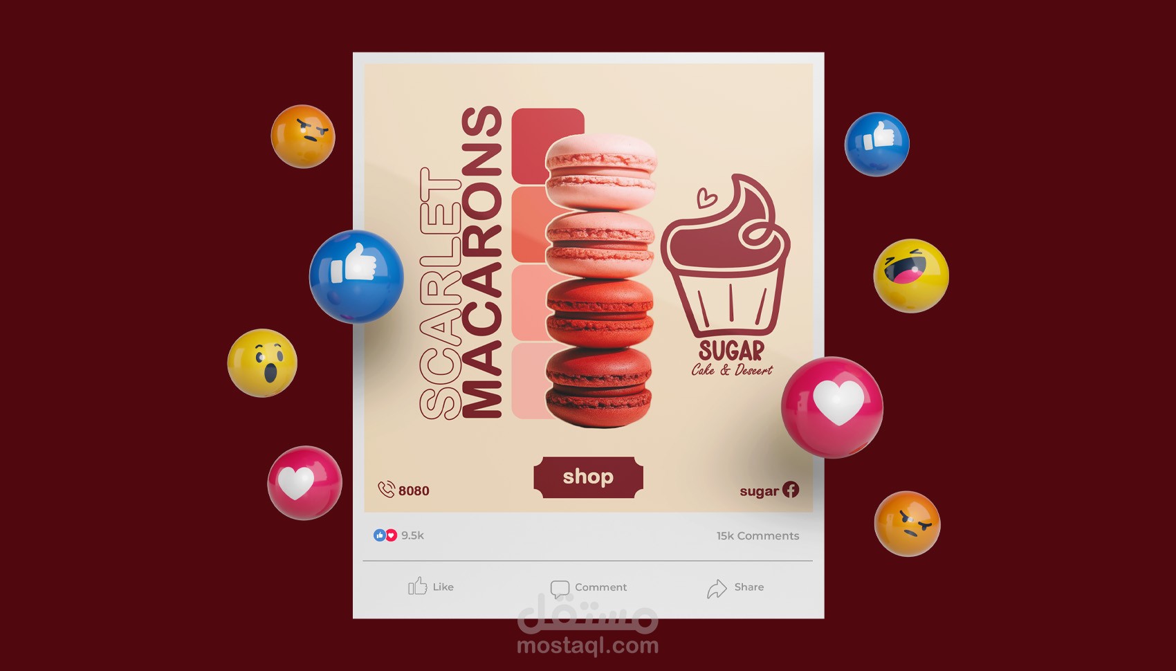 تصميم بوستر إعلاني احترافي لبراند Sugar متخصص في الماكرونز بأسلوب عصري جذّاب