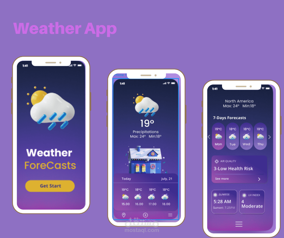 تطويرweather app  احترافي يعرض الحالة الجوية الحالية وتوقعات الأيام القادمة