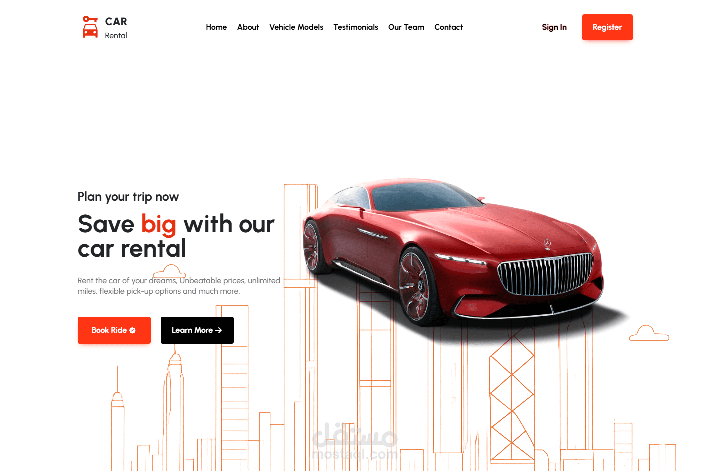 صفحة هبوط لخدمة ايجار السيارات مع وسائل تواصل مختلفة | Car Rental