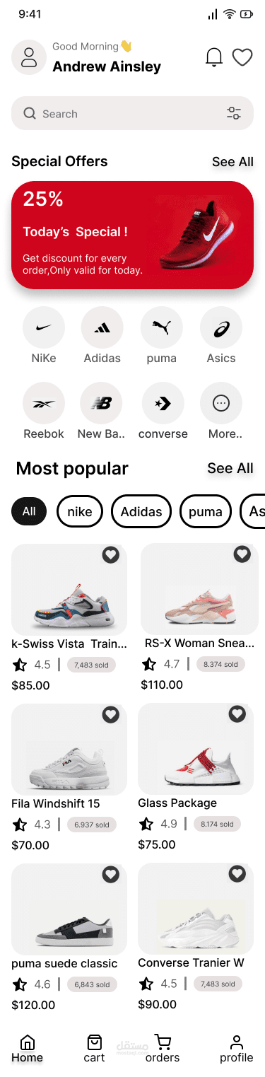 تصميم واجهة مستخدم (UI/UX) لتطبيق تسوق أحذية موبايل (iOS & Android)