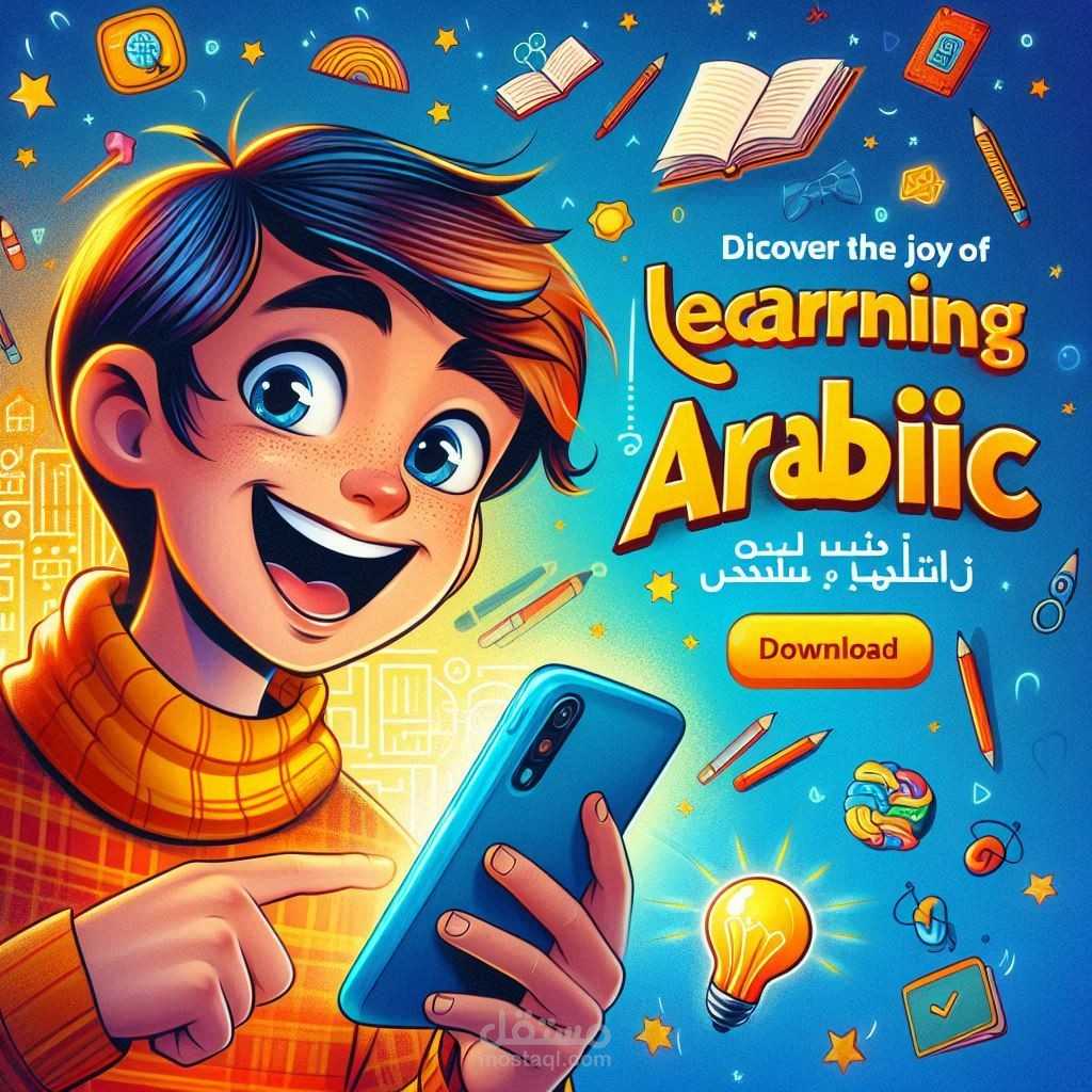 تصميم صورة دعائية لتطبيق تعليم لغة عربية بأسلوب ممتع وحديث