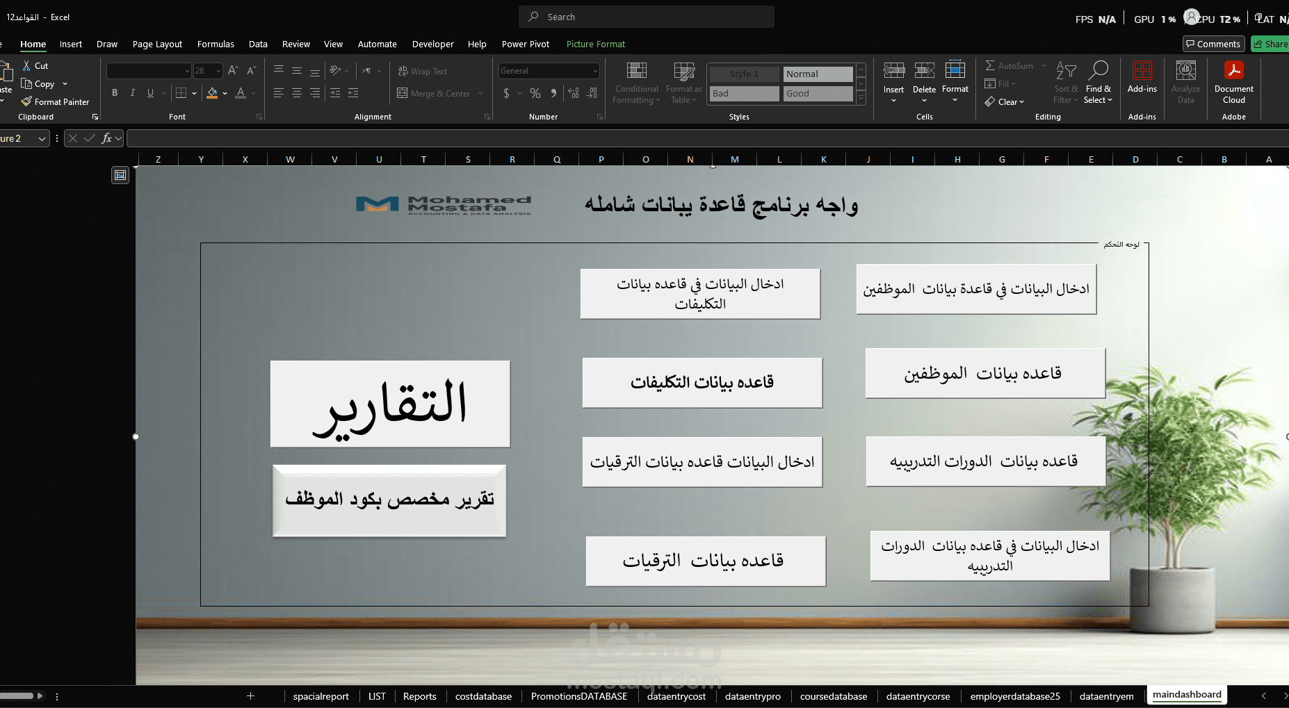 تصميم وتنفيذ قاعدة بيانات متكاملة على Excel مع واجهات إدخال وتقارير ديناميكية