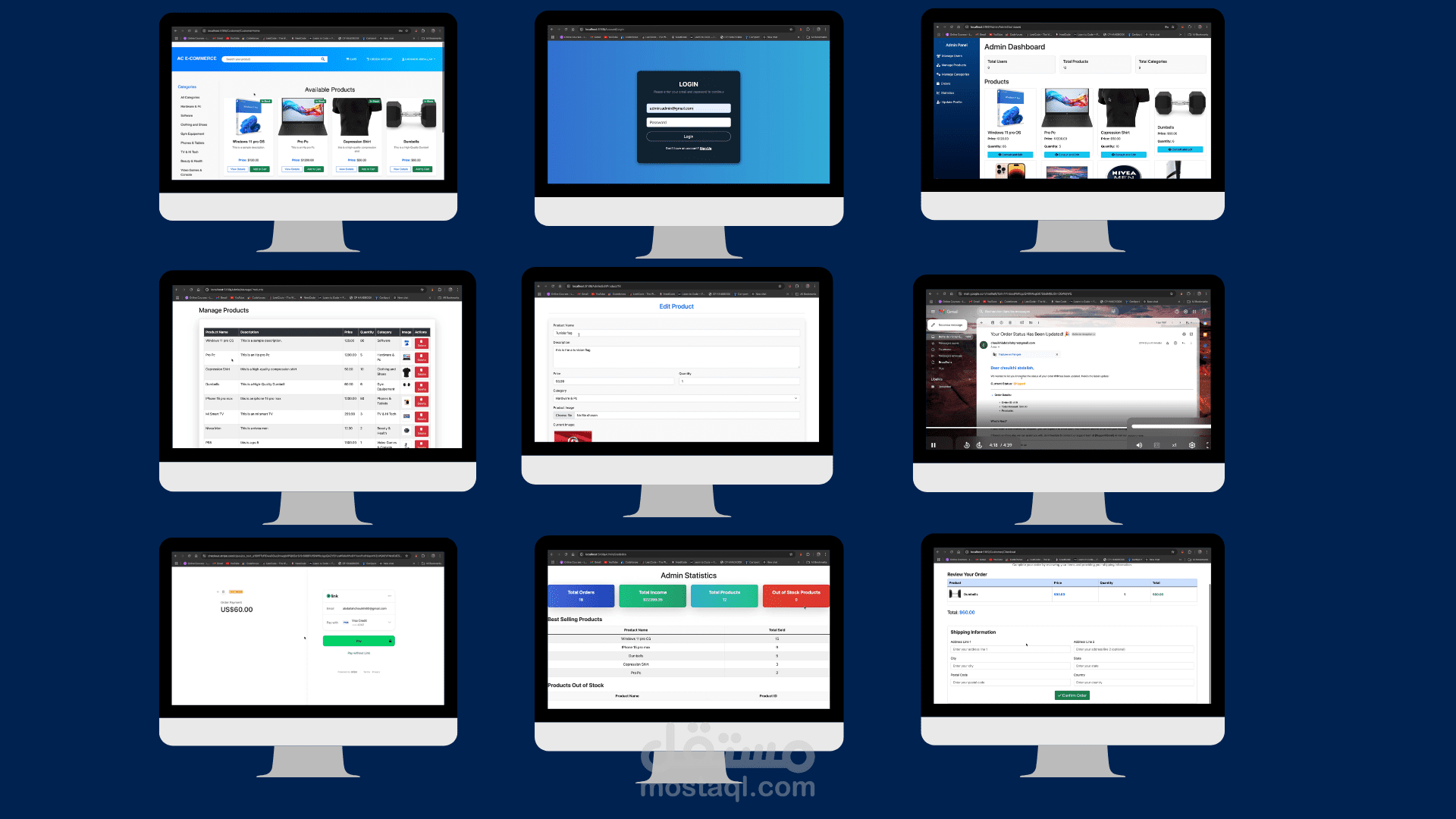 هذا تطبيق ويب متكامل (Full-Stack) لموقع تجارة إلكترونية باستخدام ASP.NET Core MVC 9 إلى جانب Entity Framework 9 وSQL Server، ويتضمن تكاملاً مع خدمات البريد الإلكتروني والدفع الإلكتروني.
