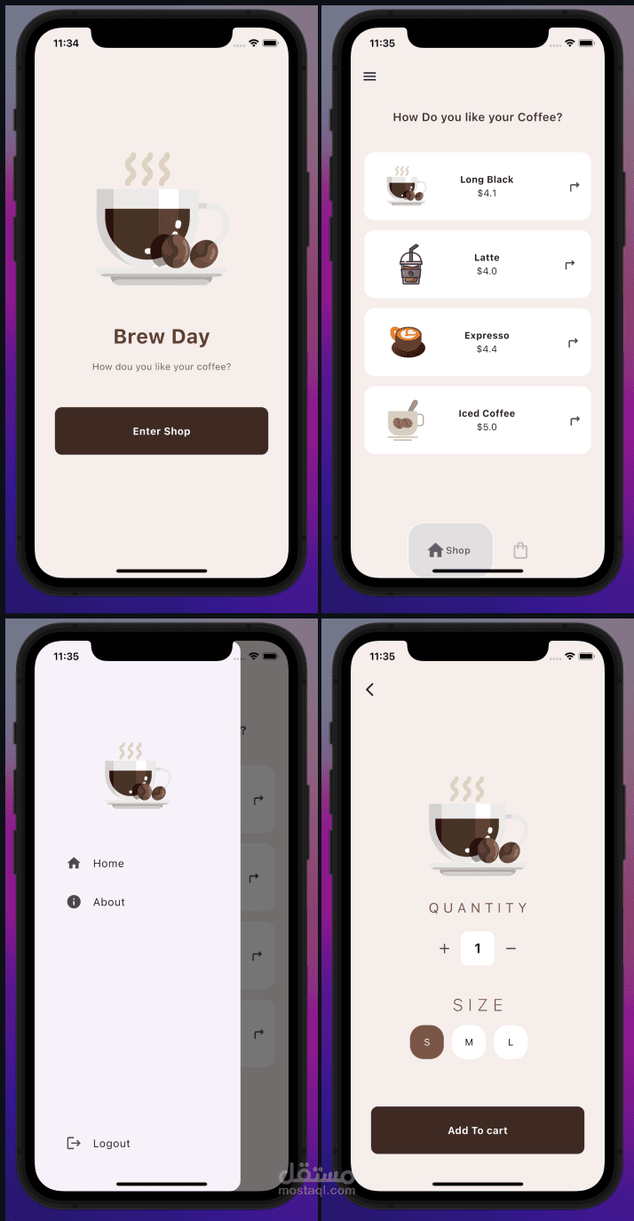 اجهة تطبيق جوال لمقهى (Coffee Shop Mobile UI)