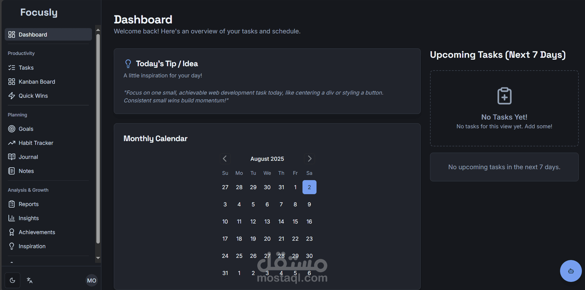 Focusly – AI-Powered Productivity Dashboard | مستقل