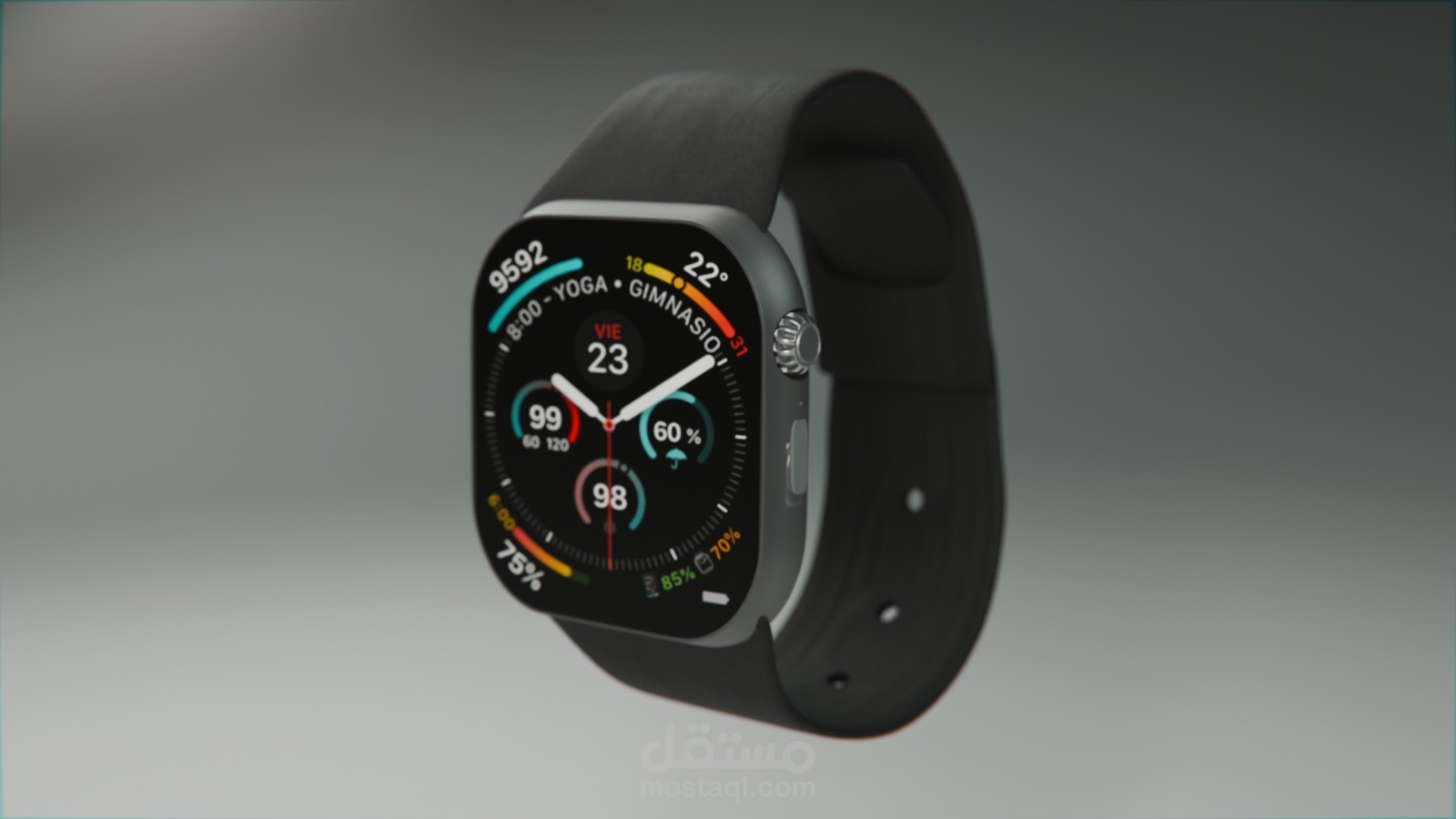 A detailed 3D model of a modern wristwatch