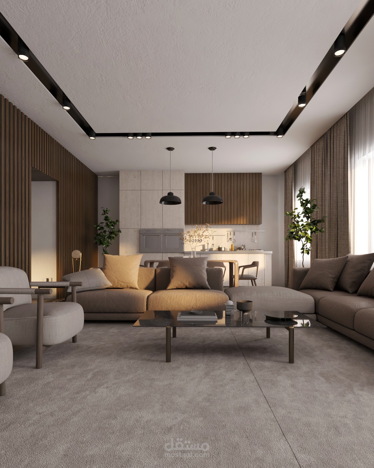 تصميم داخلي حديث لغرفة معيشة مع مطبخ مفتوح
