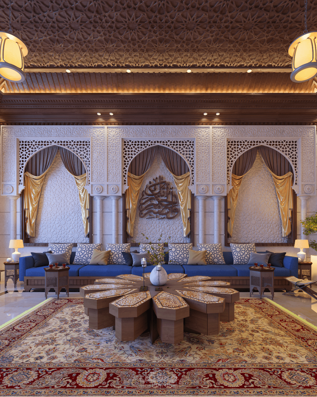 تصميم داخلي عربي لغرفة معيشة في السعودية