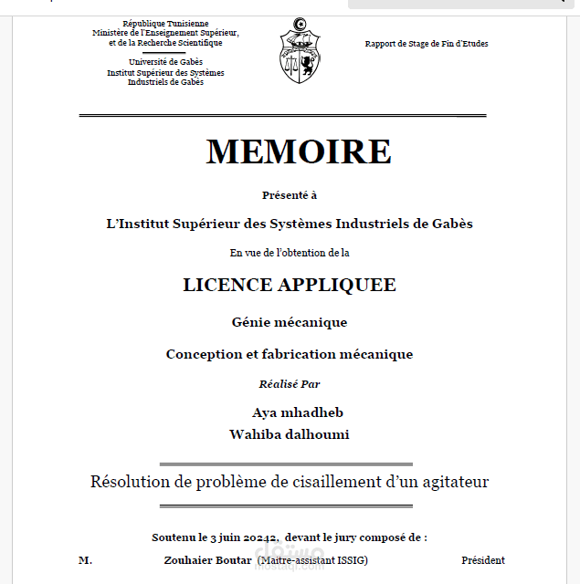 Projet de fin d'étude intituler résolution de problème de cisaillement d'un agitateur
