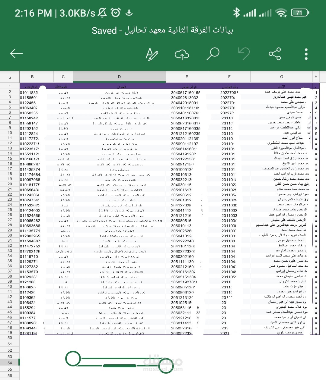 تنظيم بيانات طلاب الفرقة الثانية – معهد فني تحاليل طبية باستخدام Excel