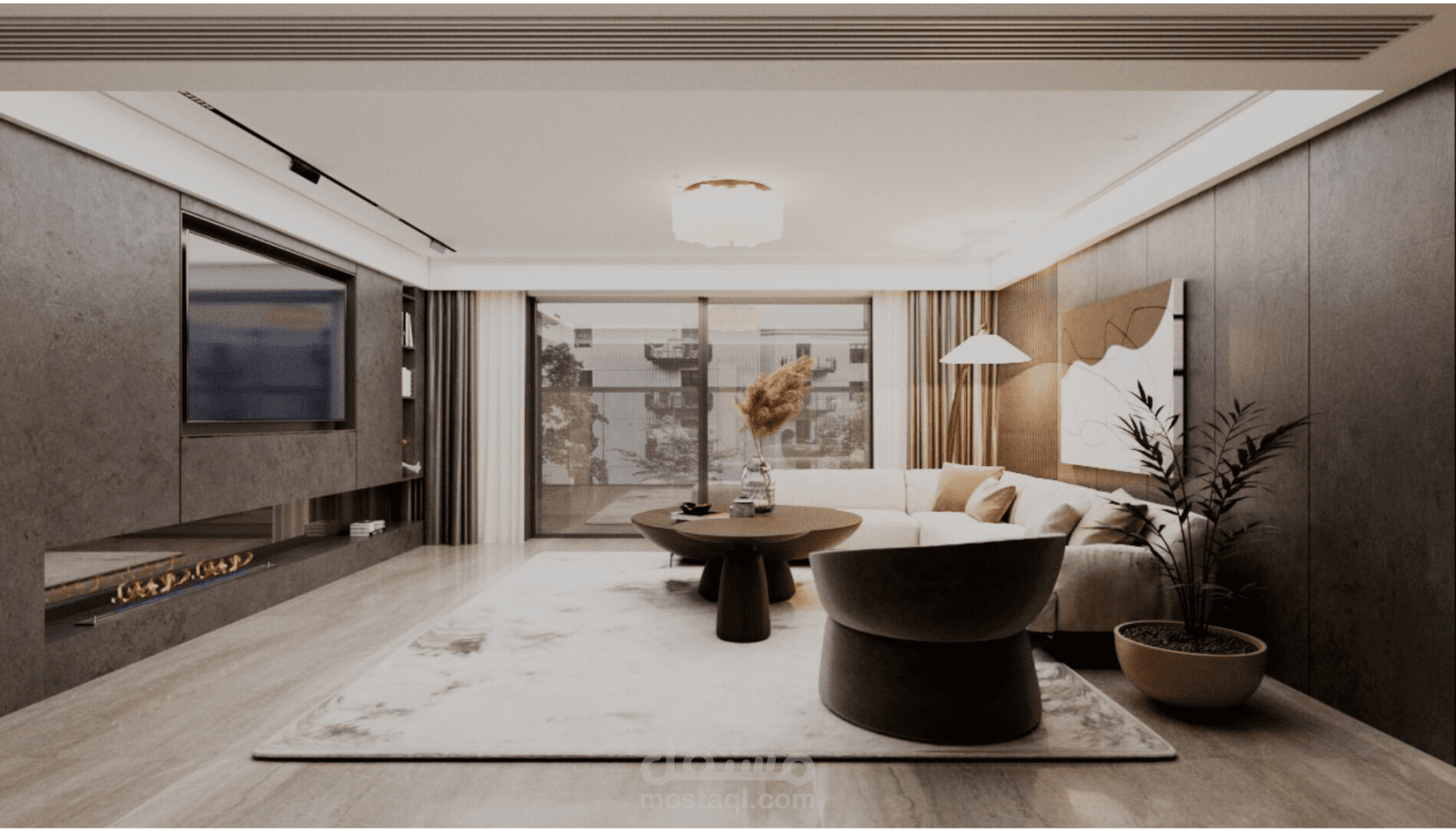 تصميم غرفة معيشة مودرن بلمسة دافئة وإخراج ثلاثي الأبعاد واقعي