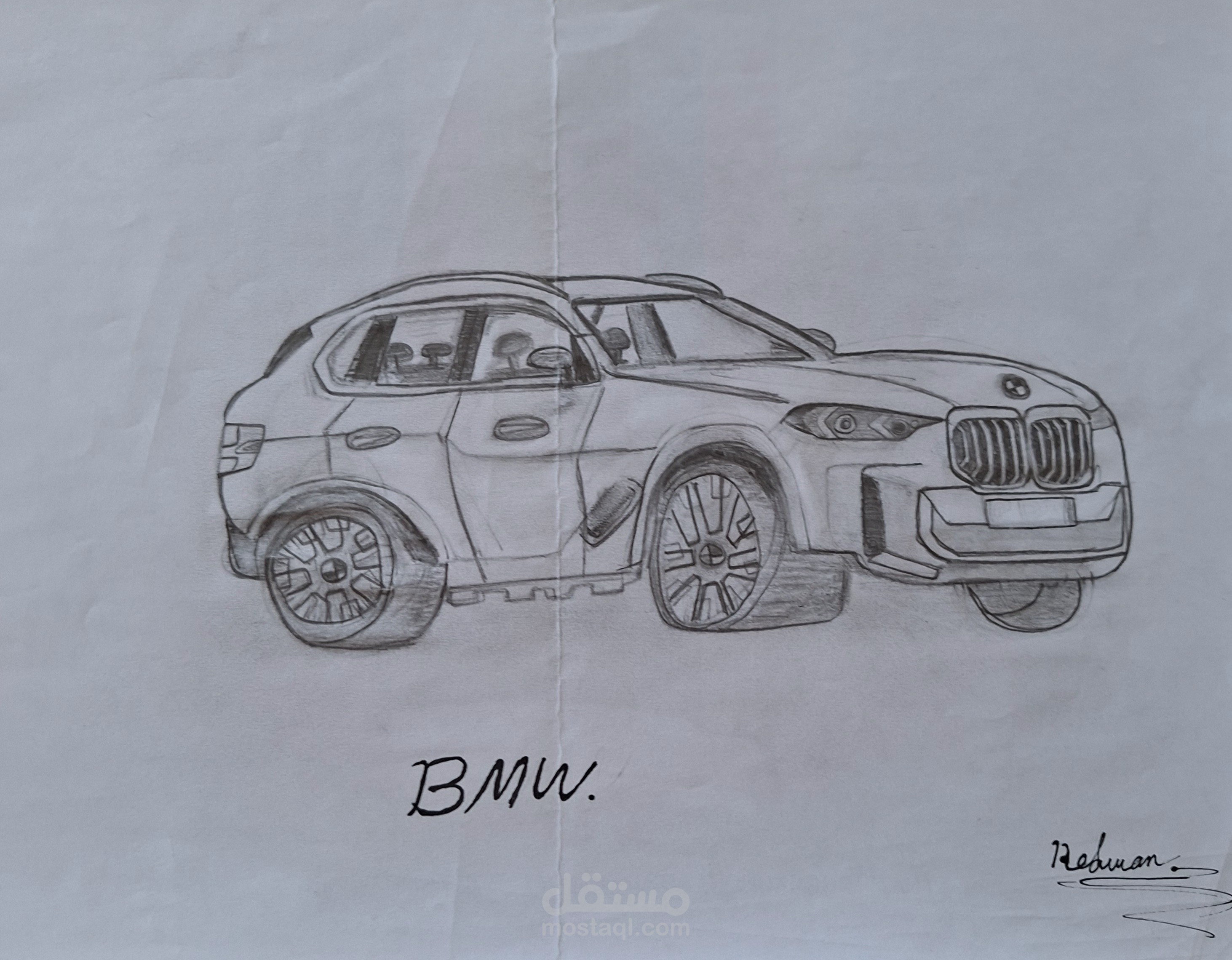 تصميم رسم جانبي لسيارة6X BMW بقلم الرصاص – دقة عالية وتفاصيل واقعية