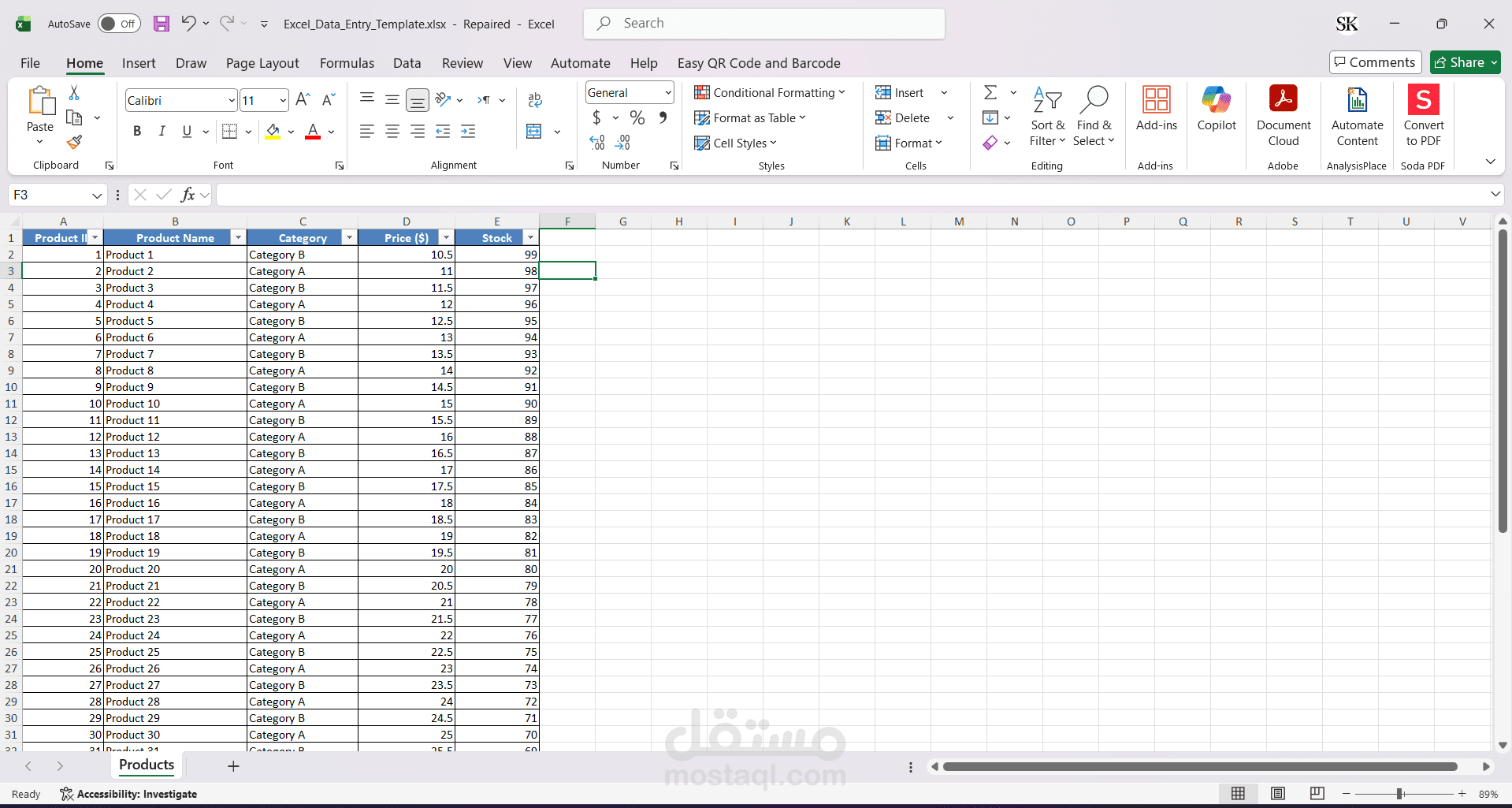 إدخال وتنسيق بيانات منتجات تجارية على Microsoft Excel