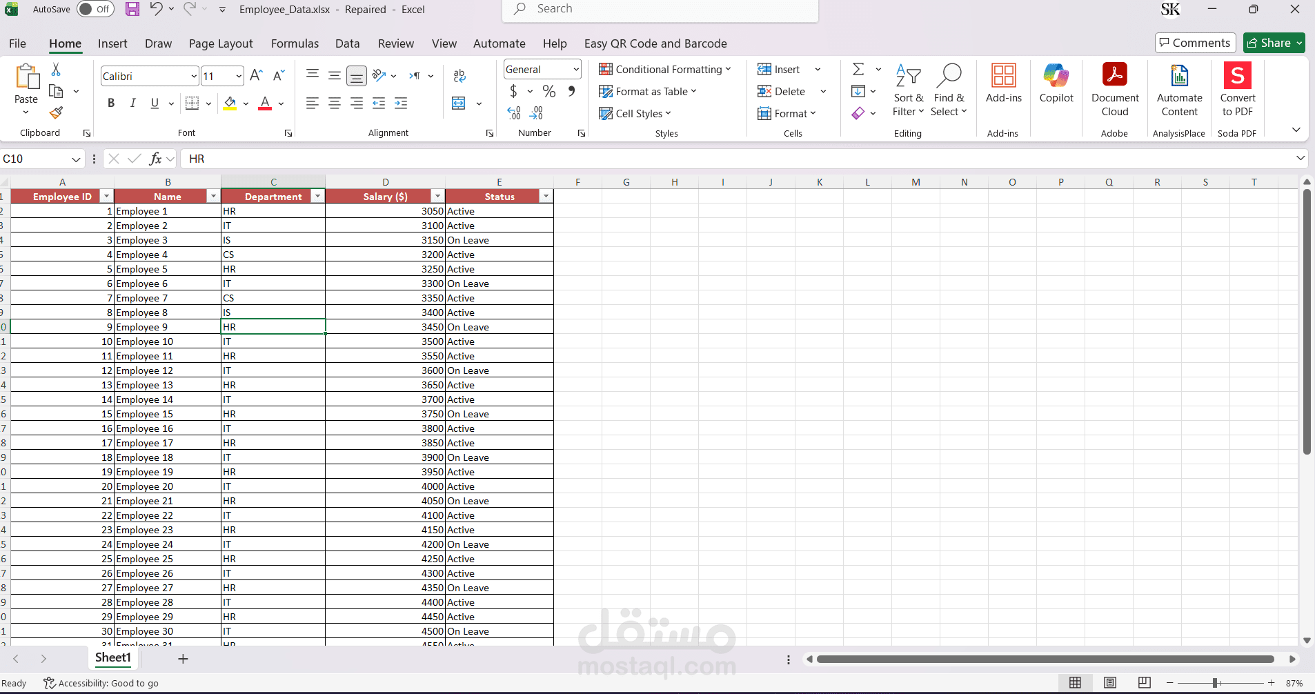 تنظيم بيانات الموظفين وتنسيقها باستخدام Excel