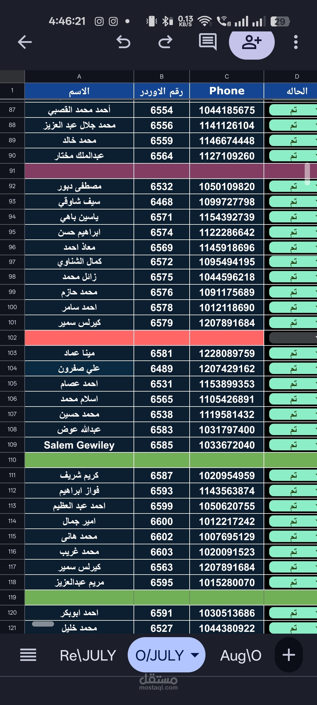 شيت الاوردرات
