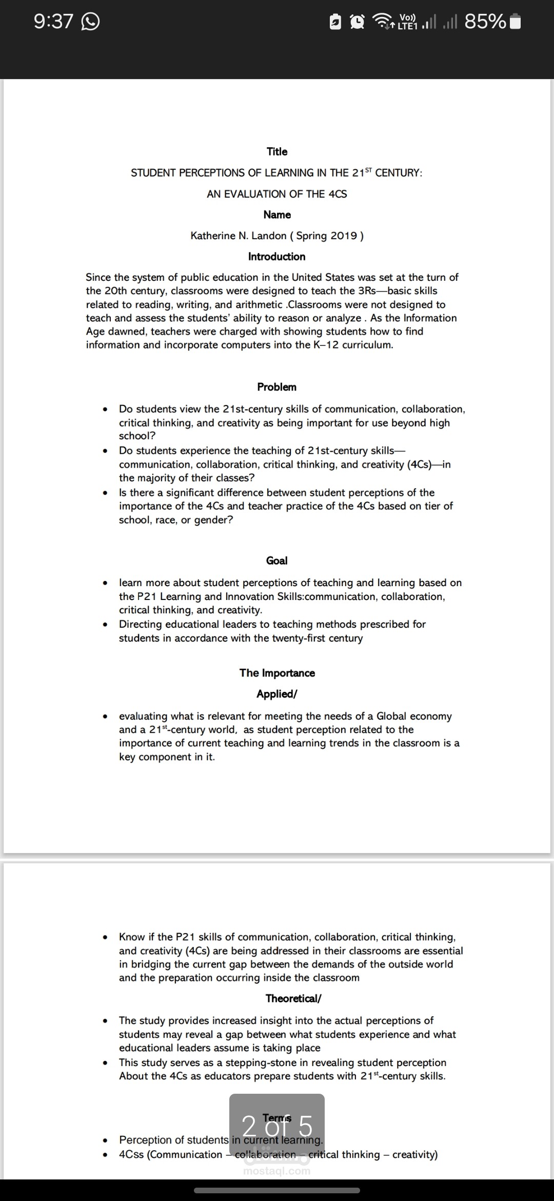 البحث عن نقاط معينه فى بحث STUDENT PERCEPTIONS OF LEARNING IN THE  21ST CENTURY: AN EVALUATION OF THE 4CS