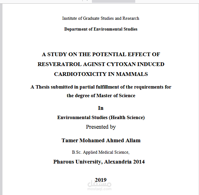 A Study on The Potential Effect OF Reseveratrol Against Cytoxan Induced Cardiotoxicity In Mammals