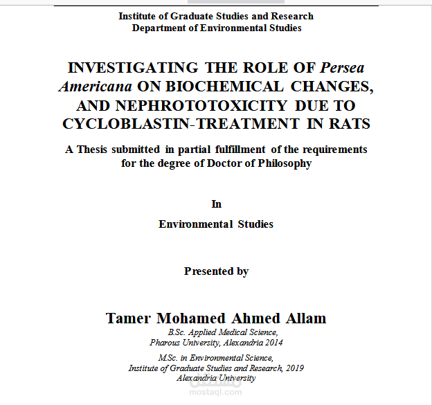 INVESTIGATING The Role Of Persea Americana On Biochemical Changes, And Nephrotoxicity Due To CycloblastinTreatment In Rats