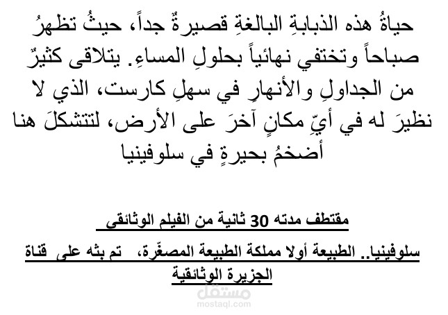 مقتطف مدته 30 ثانية  , من الفيلم الوثائقي" سلوفينيا الطبيعة اولا مملكة الطبيعة المصغرة " , تم بثه على قناة الجزيرة الوثائقية