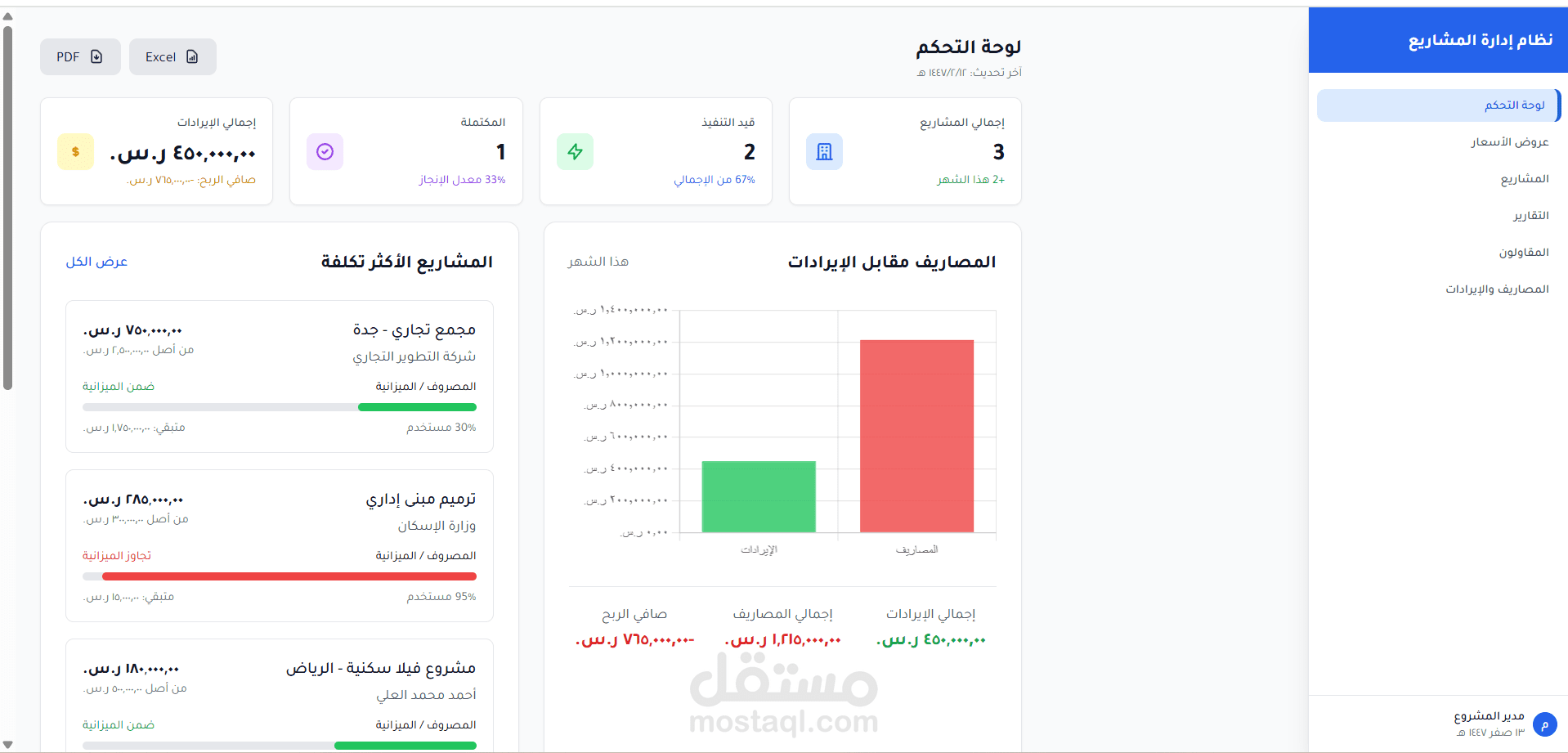 نظام إدارة المشاريع الإنشائية ولوحة تحكّم مالية تفاعلية – Laravel + Vue.js