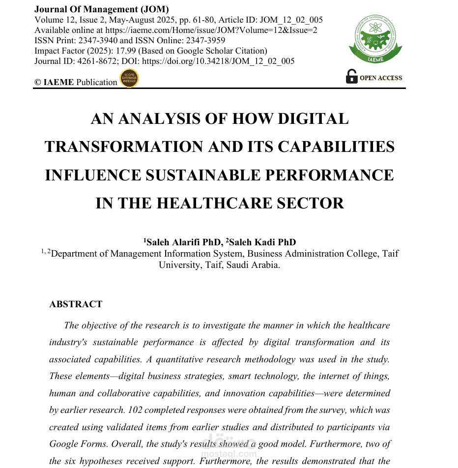 AN ANALYSIS OF HOW DIGITAL  TRANSFORMATION AND ITS CAPABILITIES  INFLUENCE SUSTAINABLE PERFORMANCE  IN THE HEALTHCARE SECTOR
