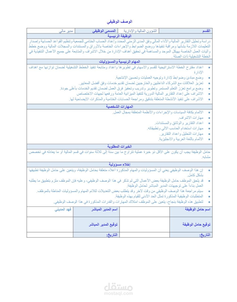 إعداد وصف وظيفي - جمعية خيرية
