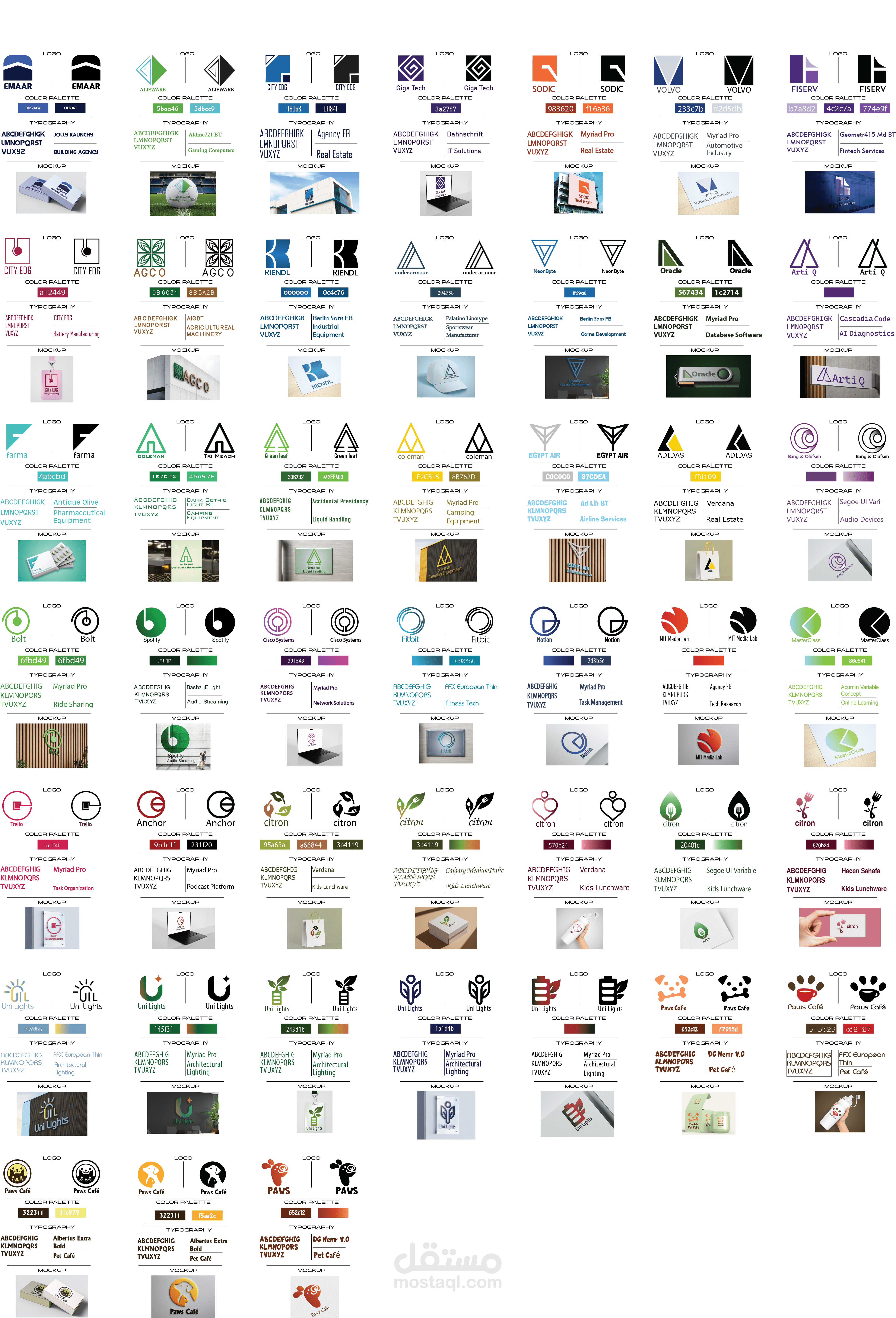 مجموعة متنوعة من 45 شعار (Logo) لعلامات تجارية وشركات وكافيهات، بأسلوبات مختلفة تشمل الأشكال الهندسية (مربع – مثلث – دائرة) وأشكال حرة مبتكرة.