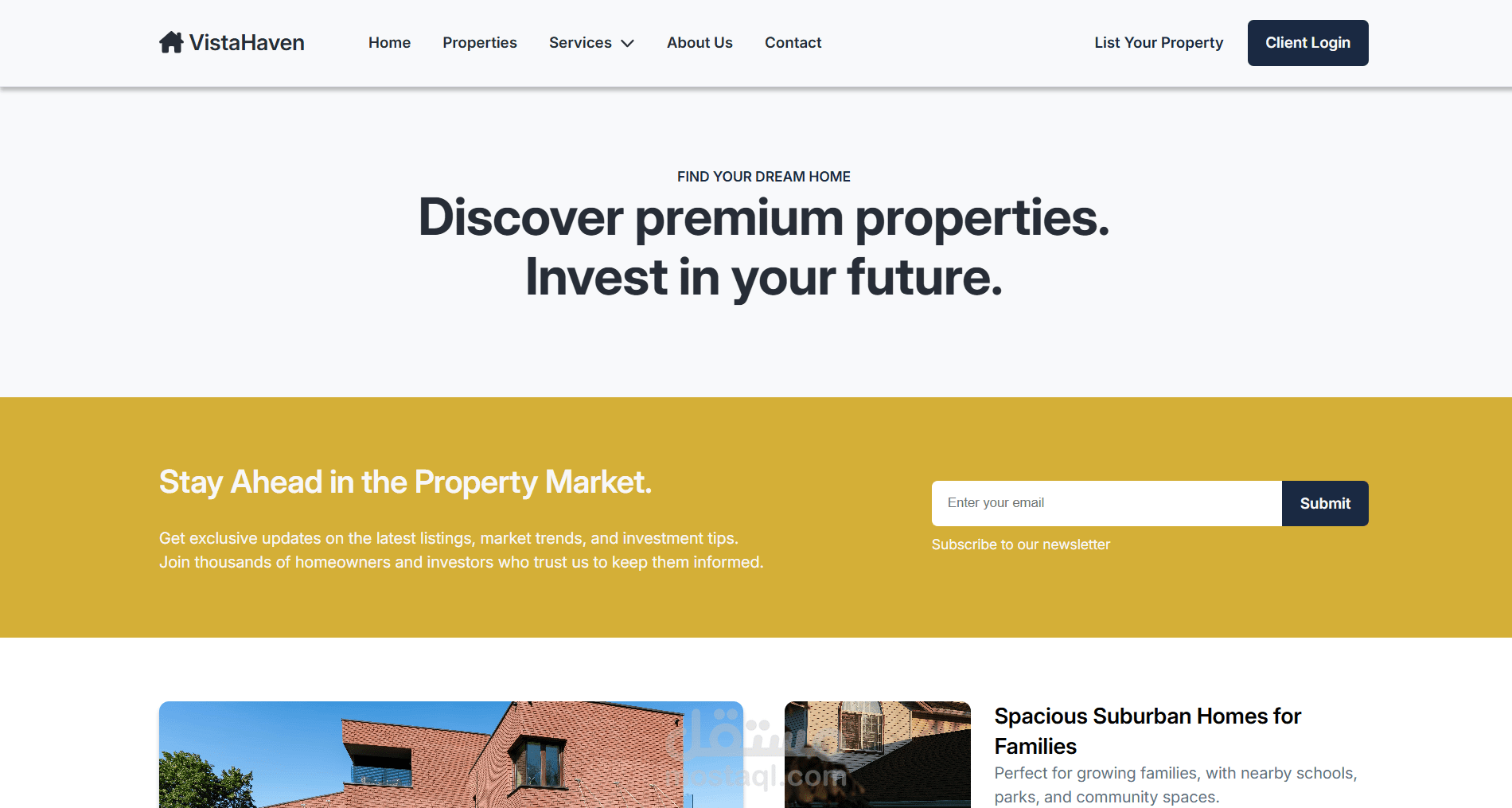 صفحة هبوط احترافية لموقع العقارات VistaHaven.
