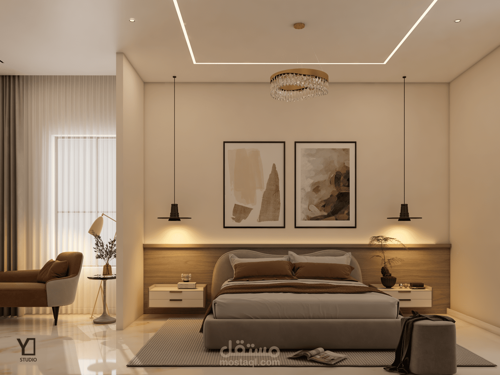 تصميم داخلي عصري دافئ لغرفة نوم ومساحة معيشة خاصة