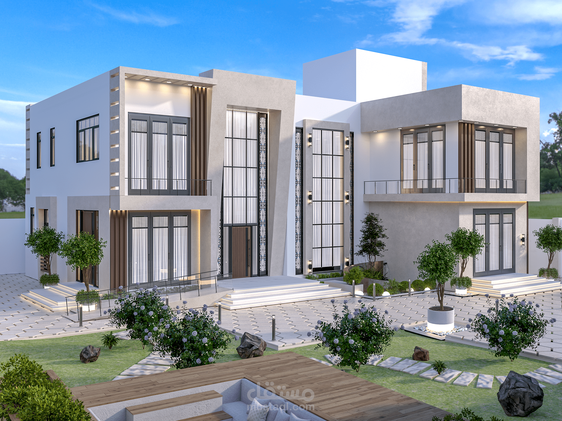 تصميم ورندر واجهة فيلا مودرن – لقطات نهارية وليلية
