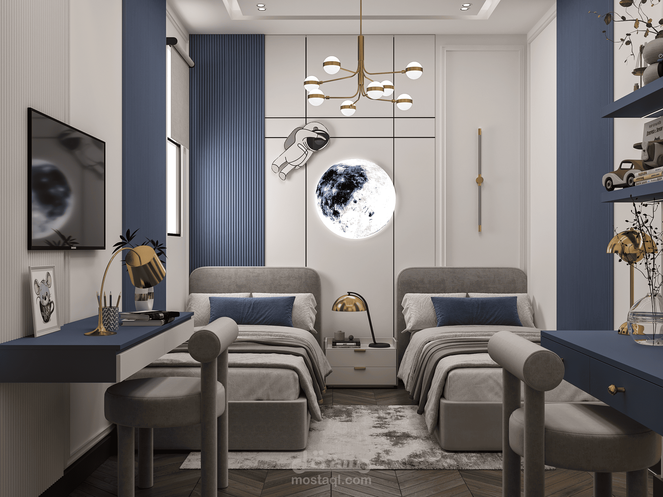 تصميم داخلي لغرفة أطفال بتصميم عصري مستوحى من الفضاء