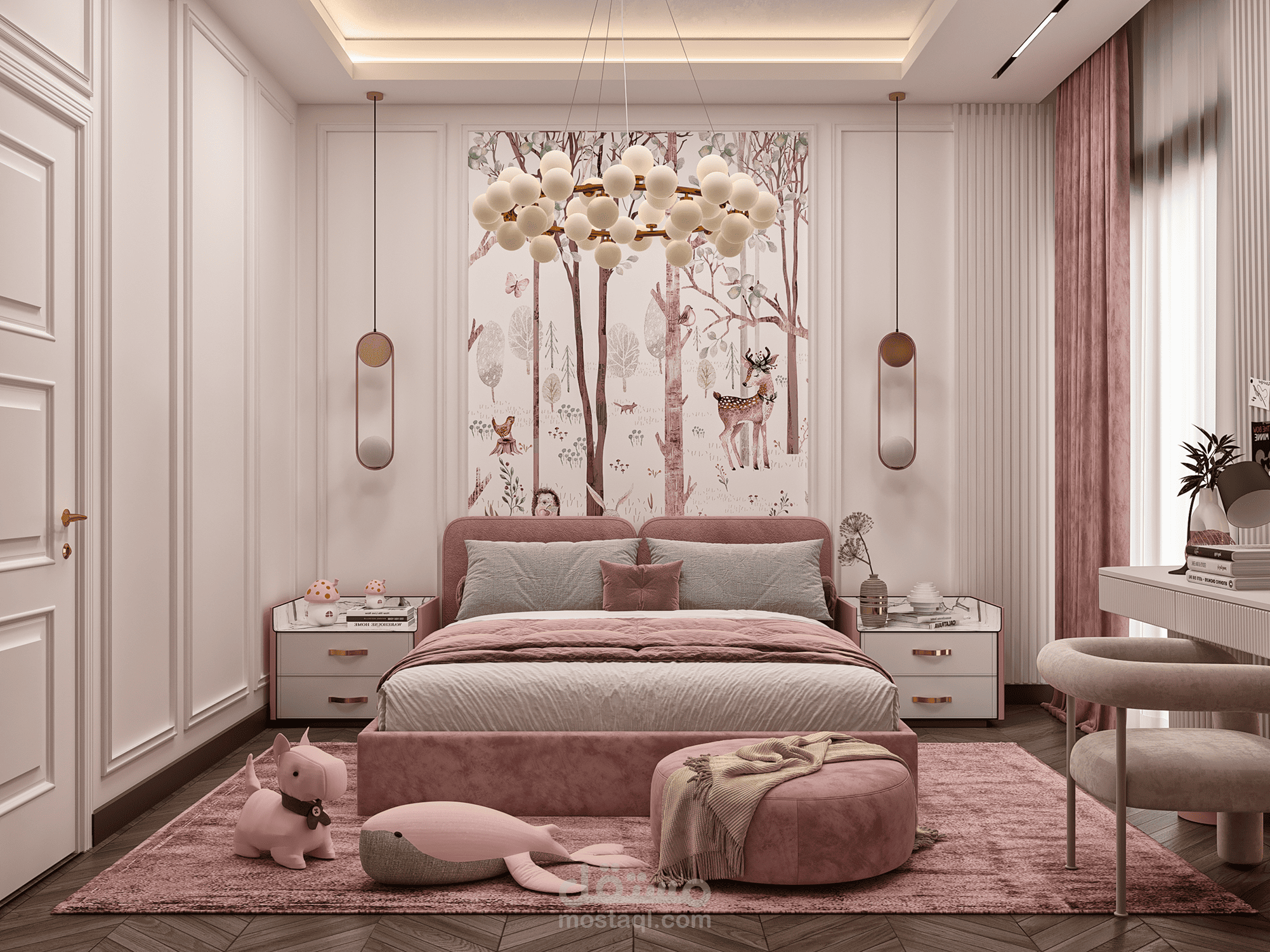 غرفة نوم وردية حالمة | تصميم مساحة مريحة ومرحة