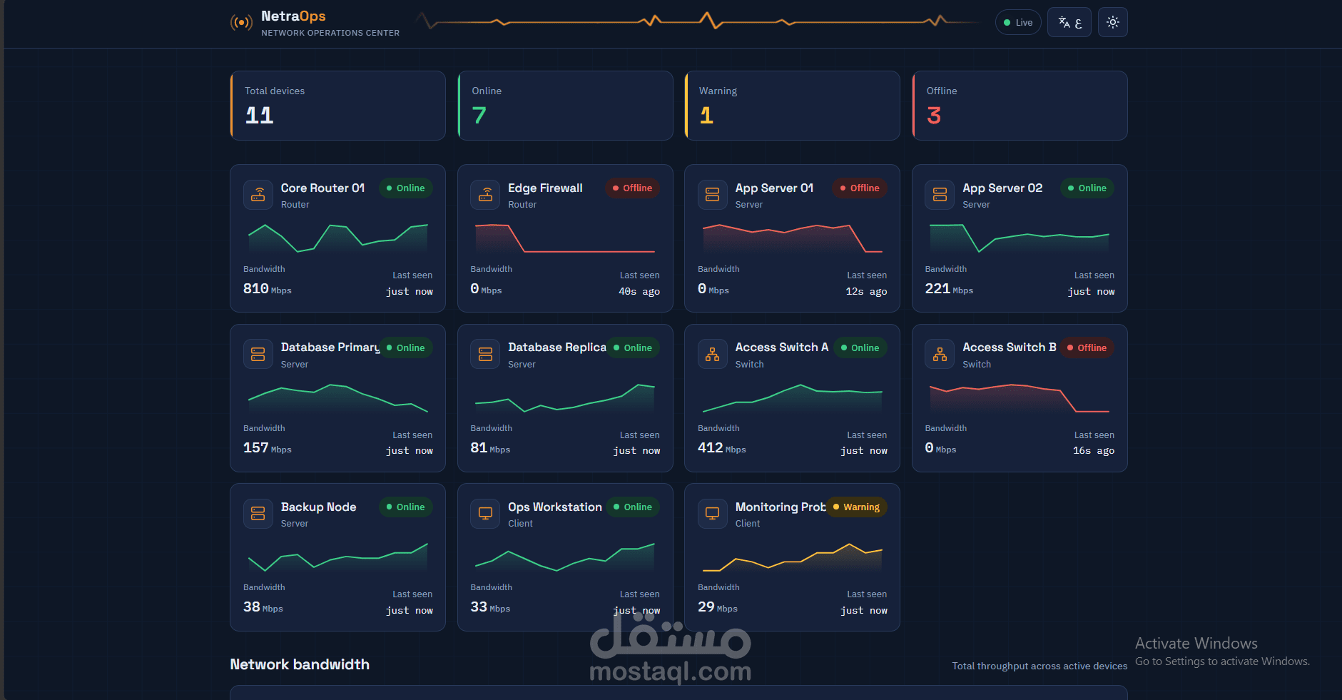 لوحة مراقبة شبكة احترافية بالوقت الفعلي (React + Node.js)