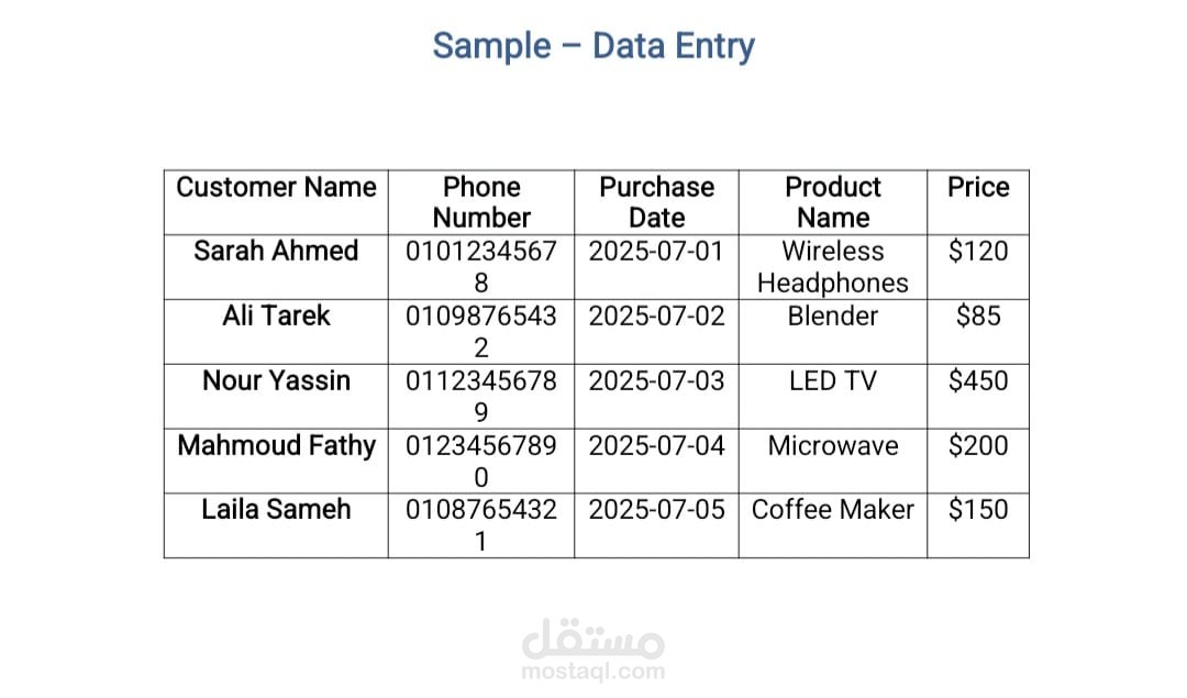 نموذج إدخال بيانات منظم باستخدام Excel