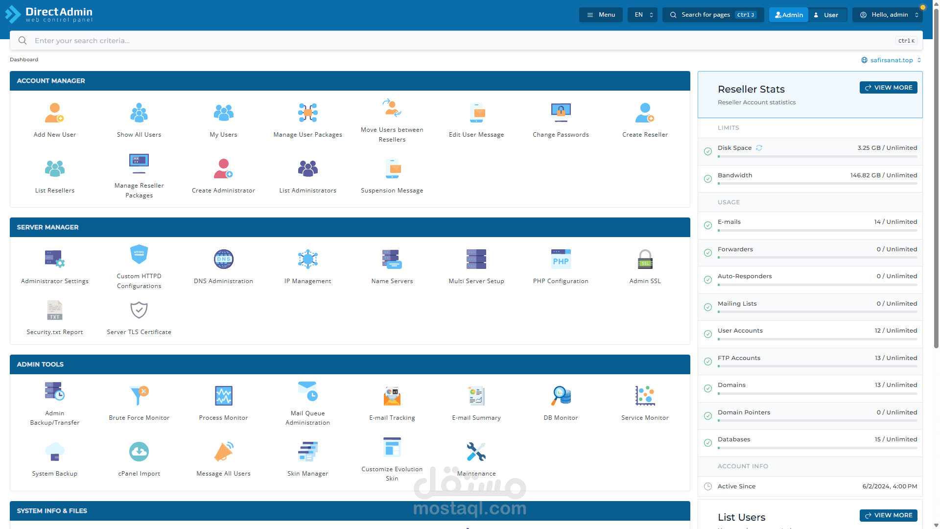 إعداد وإدارة خادم VPS باستخدام DirectAdmin لاستضافة 12 موقعًا إلكترونيًا مع نظام نسخ احتياطي JetBackup