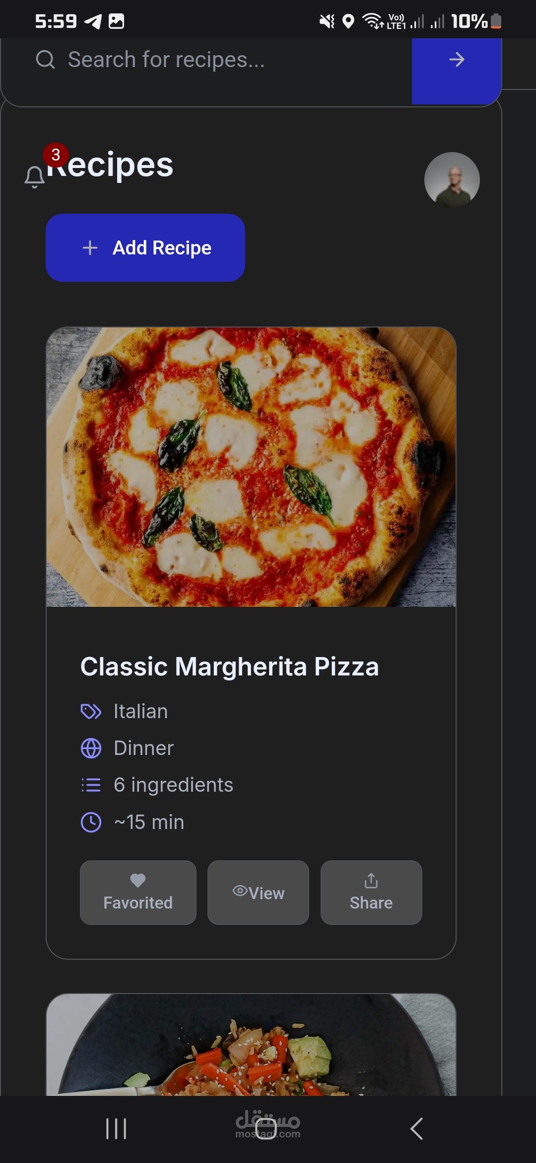 Recipe Manager dashboard