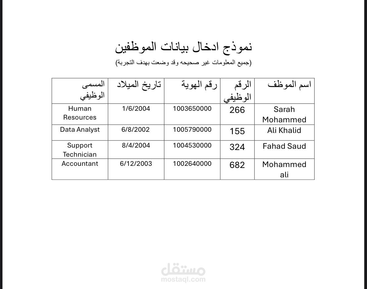 مشروع ادخال بيانات تجريبي