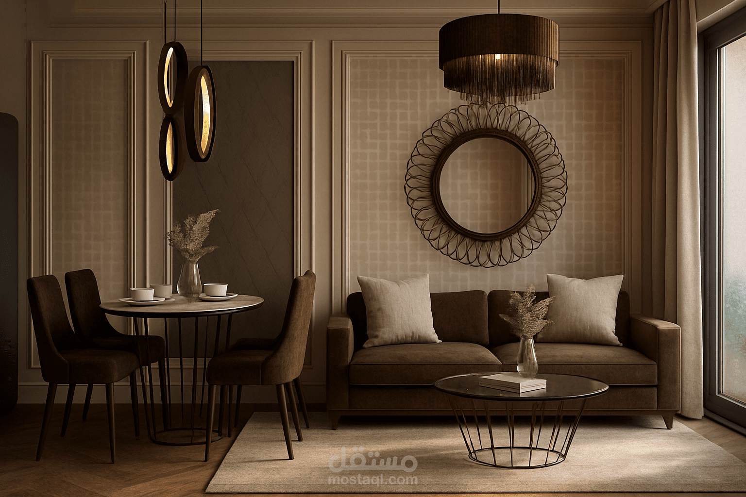 رندر تصميم  داخلي نيو كلاسيك لغرفة معيشة وطعام