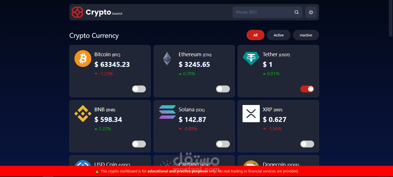 محاكاة للوحة عرض للعملات الرقمية