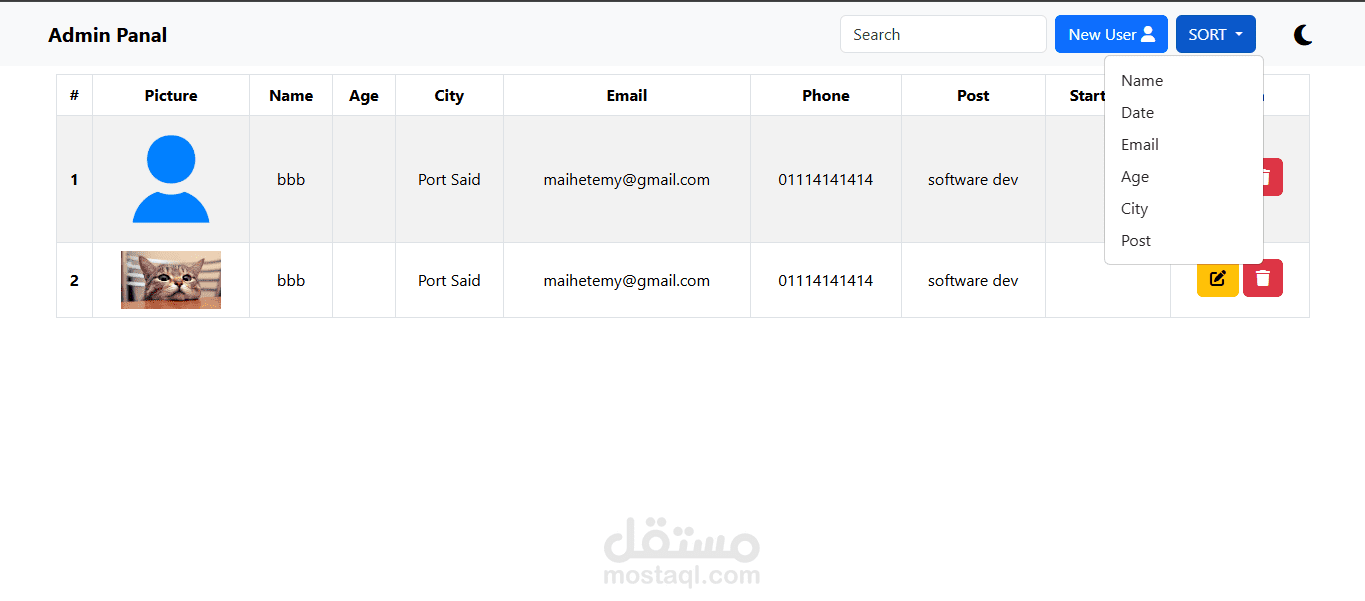لوحة تحكم إدارية تفاعلية لإدارة المستخدمين باستخدام HTML وCSS وJavaScript