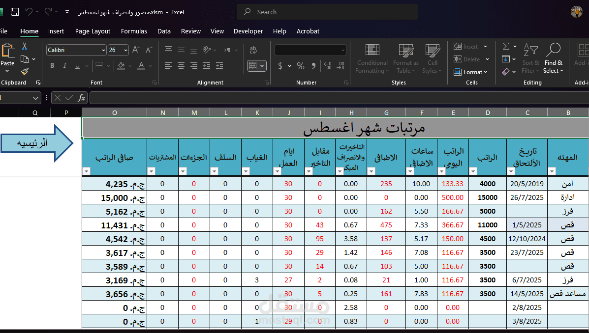 ده اكسيل في مرتبات العمال