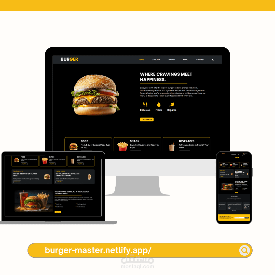 تصميم وتطوير صفحة هبوط (Landing Page) عصرية ومتجاوبة لمطعم وجبات سريعة