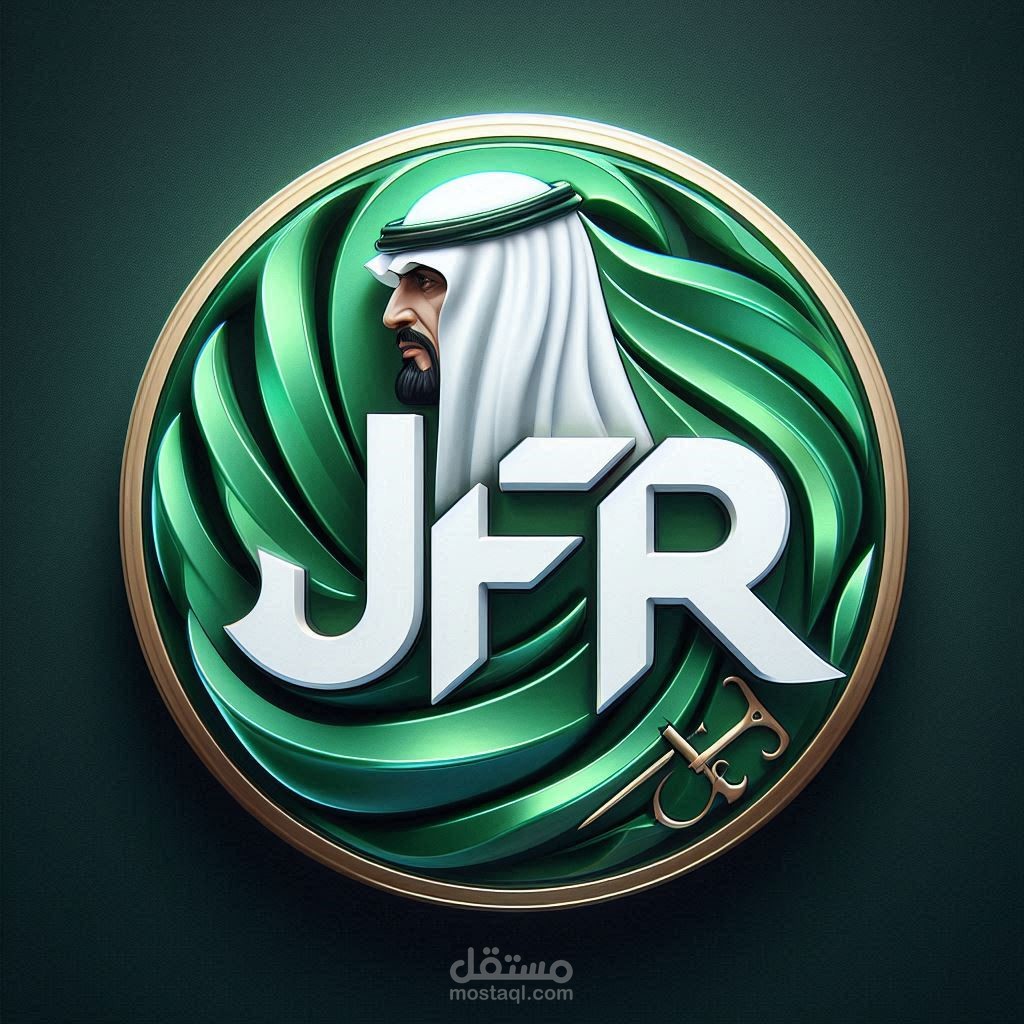 شعار ثلاثي الأبعاد لأحرف JFR ضمن إطار دائري بخلفية خضراء ورموز وطنية