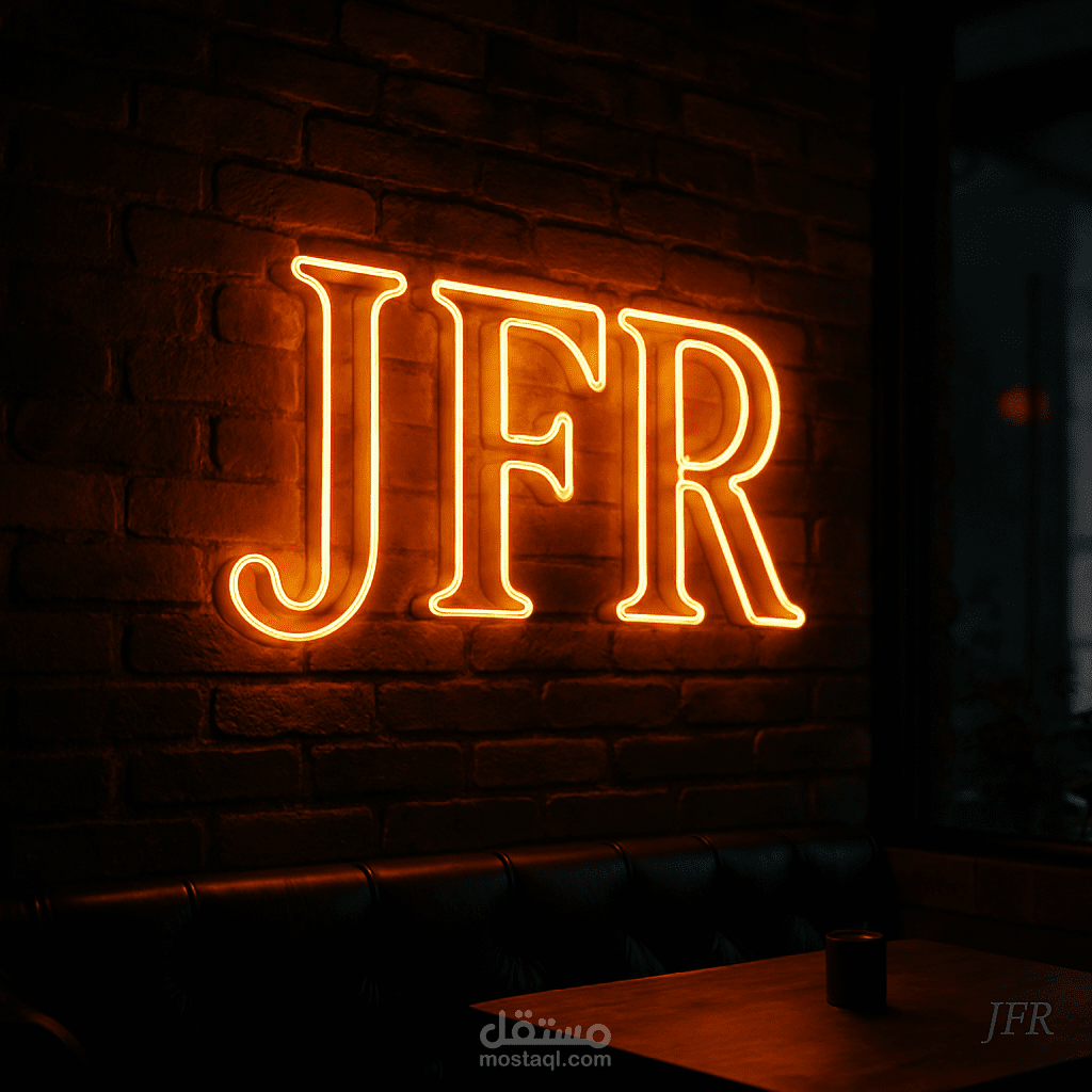 لافتة نيون مضيئة بحروف "JFR" مثبتة على جدار طوب داخلي