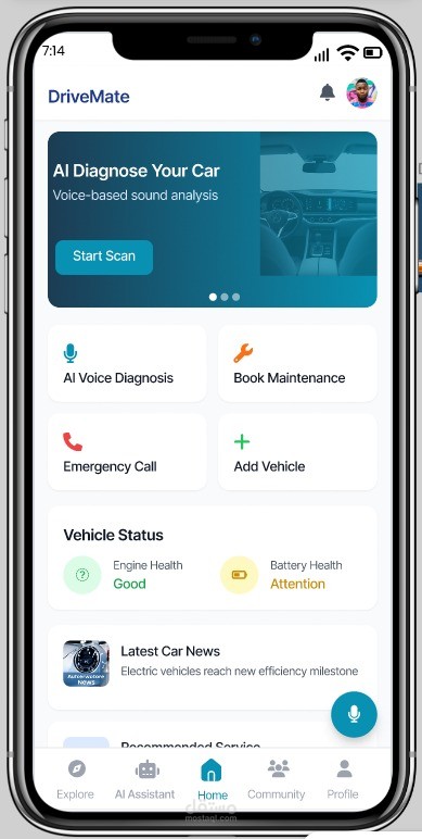 DriveMate – AI Car Assistant App UI/UX (Mobile)