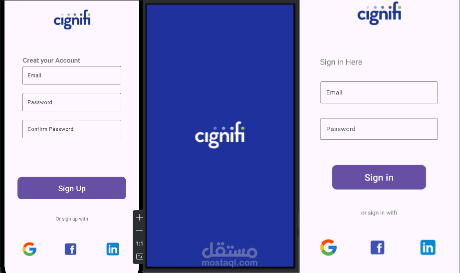 واجهة تسجيل دخول وتسجيل مستخدم حديثة ومتجاوبة لتطبيق اندرويد.