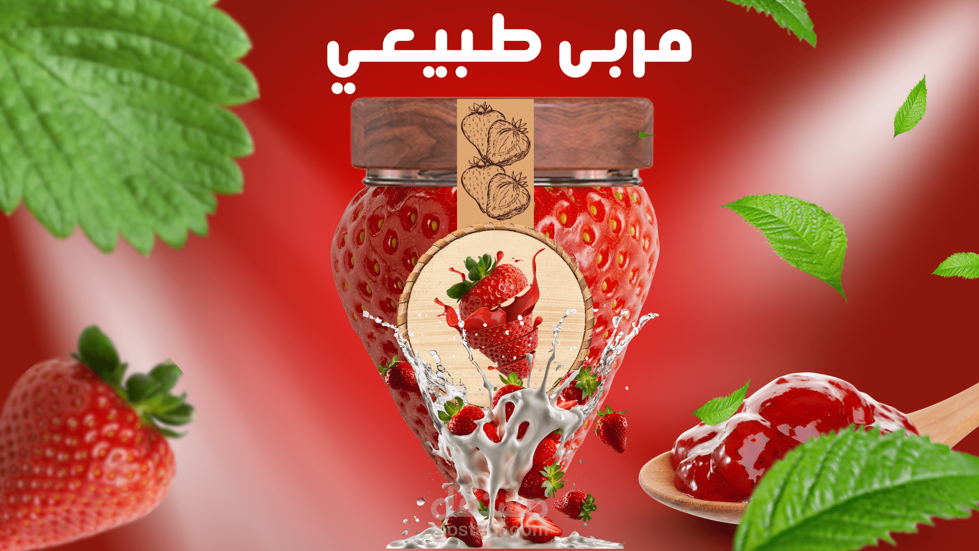 تصميم إعلان منتج مربى فراولة طبيعي