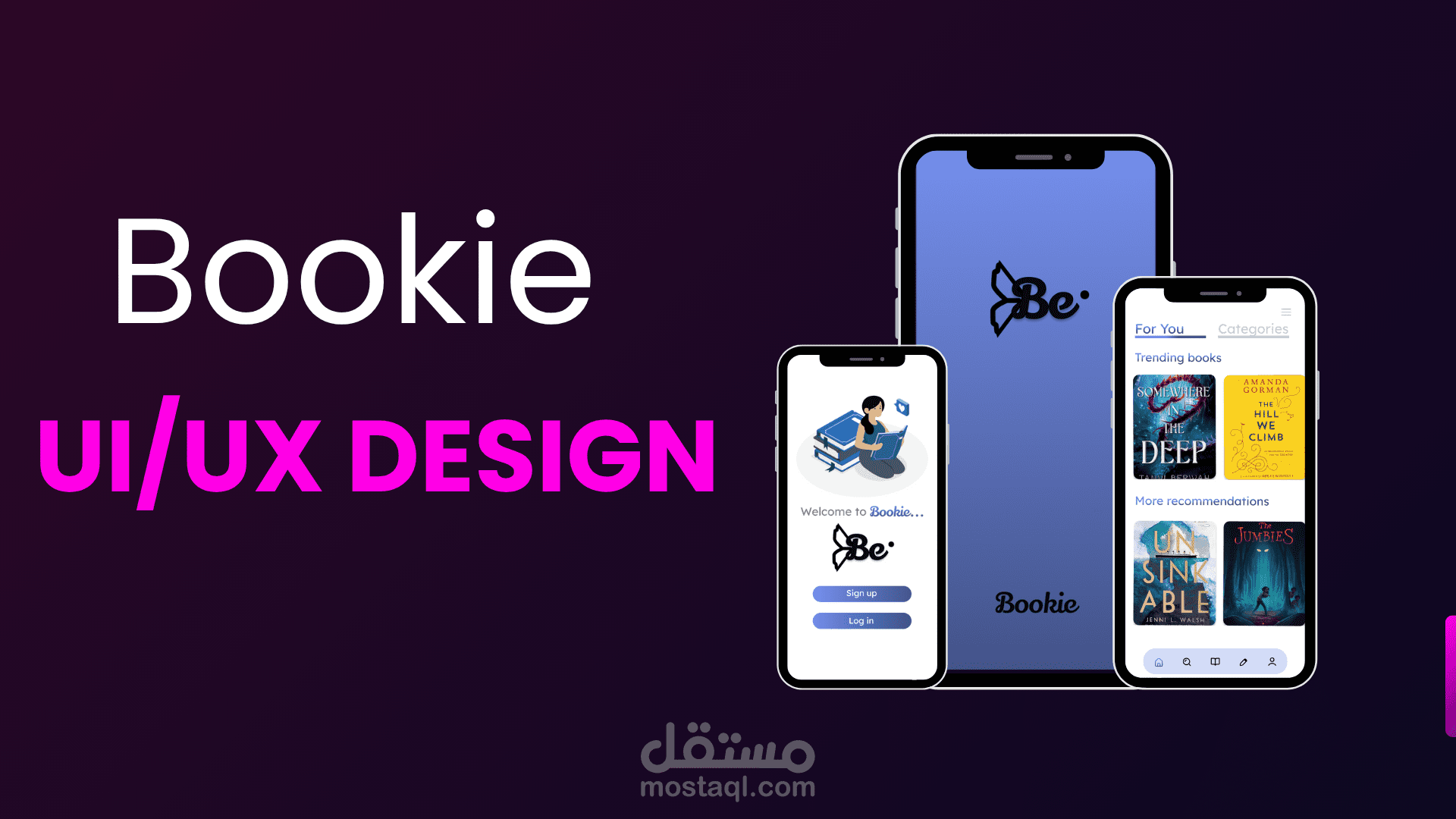 تصميم واجهة تطبيق "Bookie"، وهو تطبيق مكتبة رقمية متكاملة تتيح للمستخدمين قراءة الكتب، الاستماع إليها، وشراء النسخ الرقمية بسهولة